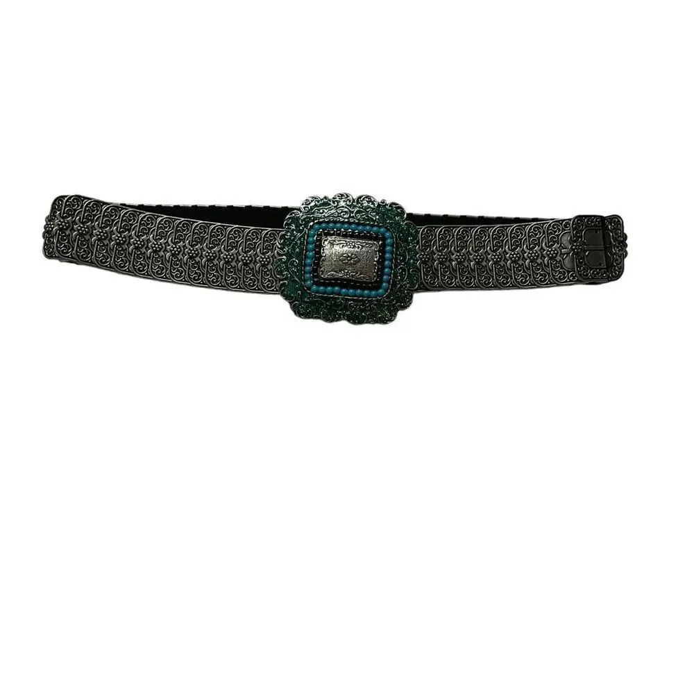 Vintage Belt Rocker Biker Large Ornate Buckle Pewter Toned Floral Turquoise 30”